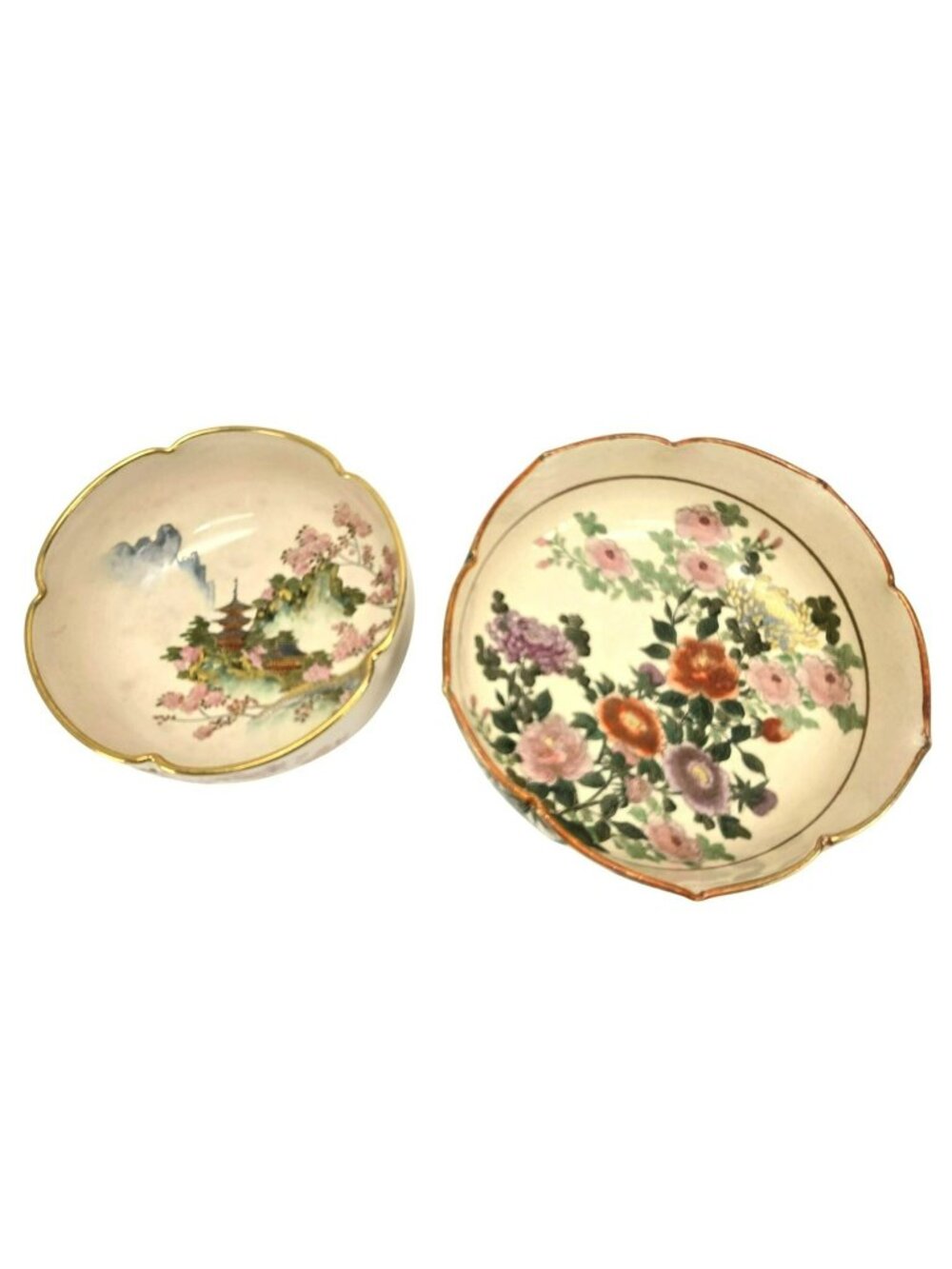 Vintage Japanese Hand-Painted Ceramic Bowls With Floral Landscape Designs je189
